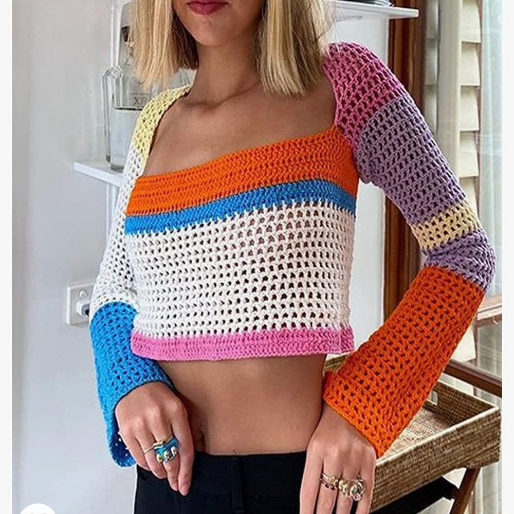 Women Hollow Out Square Neck Crochet Knit Sweater Pullover